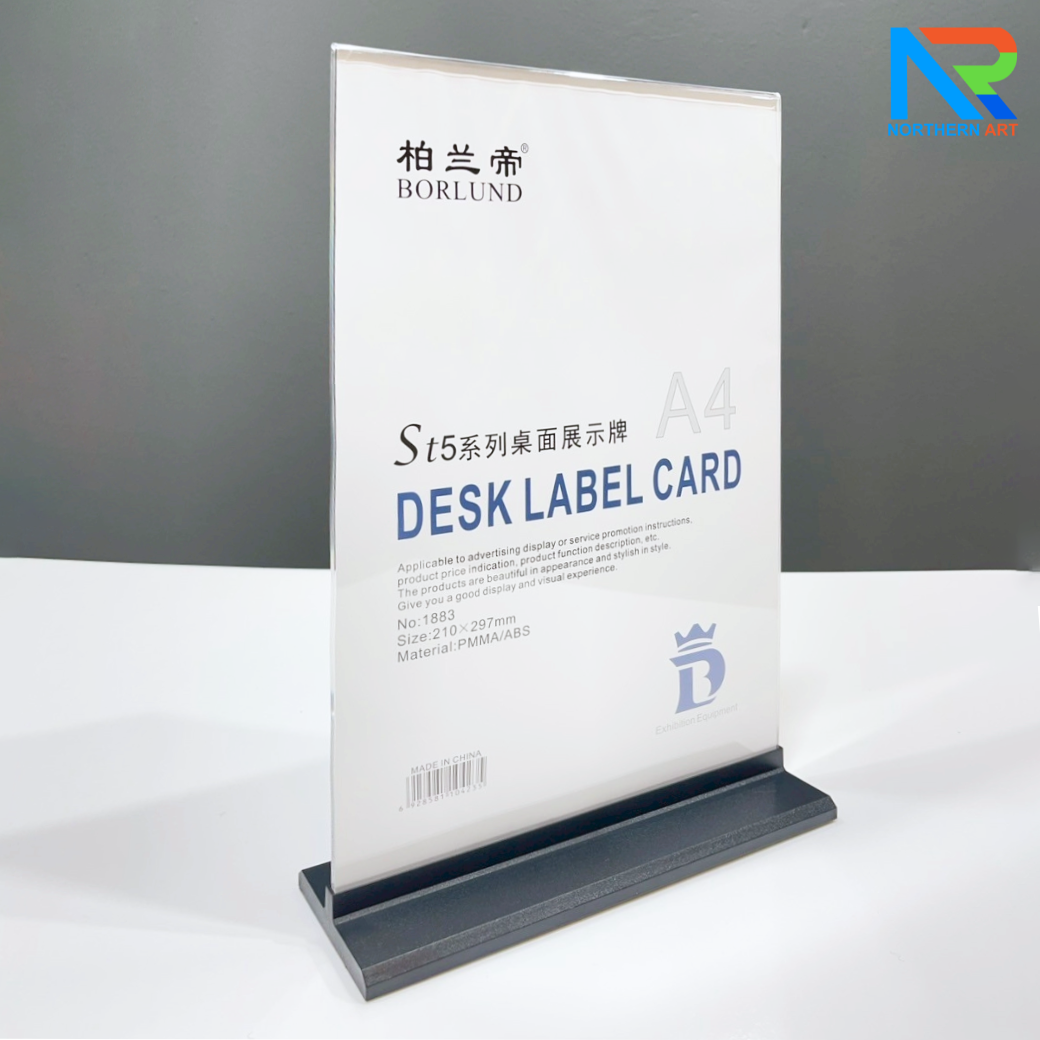 ป้ายตั้งโต๊ะ อะคริลิค ฐานพลาสติก สีดำ ขนาด A4 โชว์งานพิมพ์ได้ 2 หน้า ถอดประกอบได้