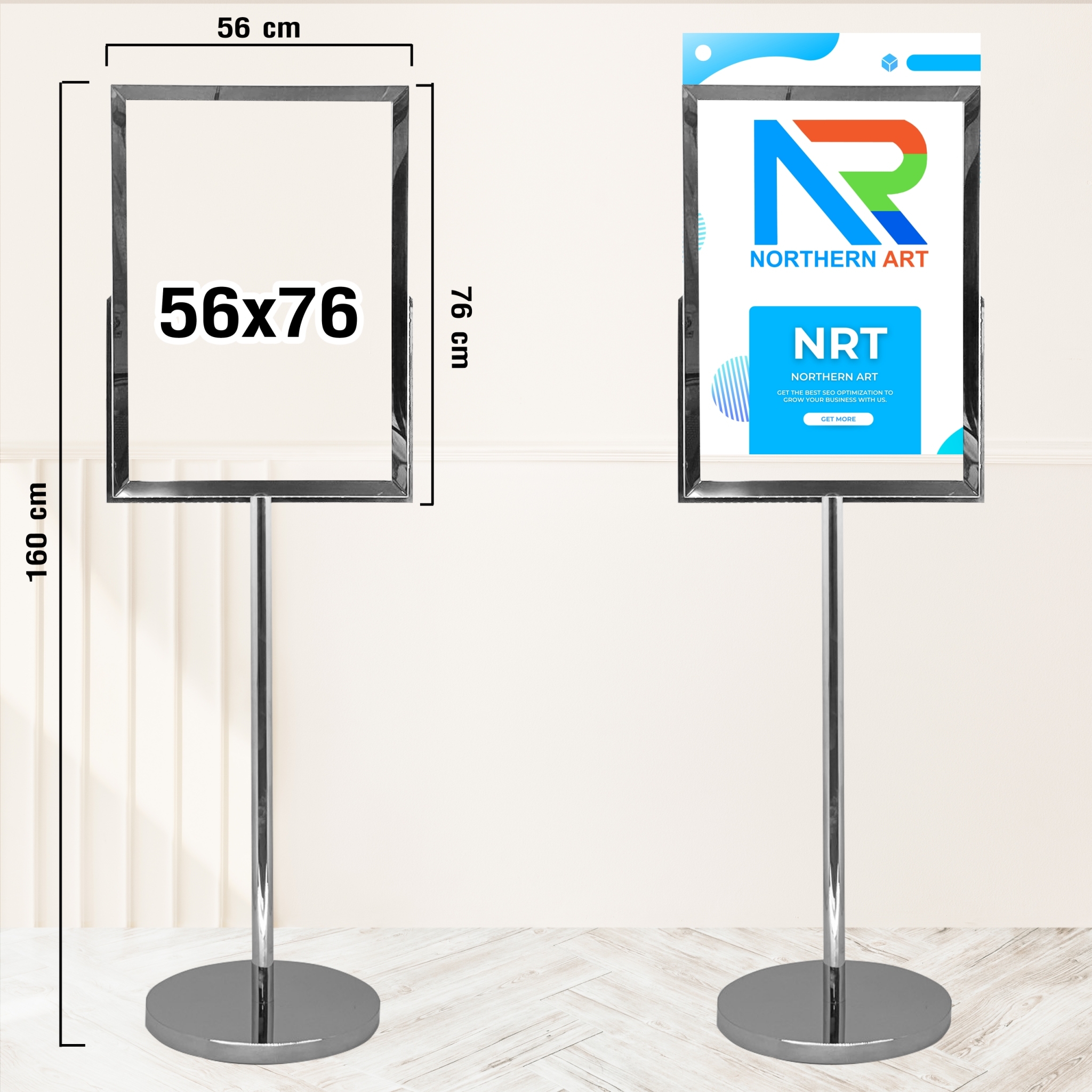 โปสเตอร์สแตนด์ สแตนเลส304 ขนาด56x76 ซม. ฐานกลม เสาเดี่ยว อะคริลิคหนา 2 มม.ประกบ 2 แผ่น โชว์งานพิมพ์ 2 ด้าน