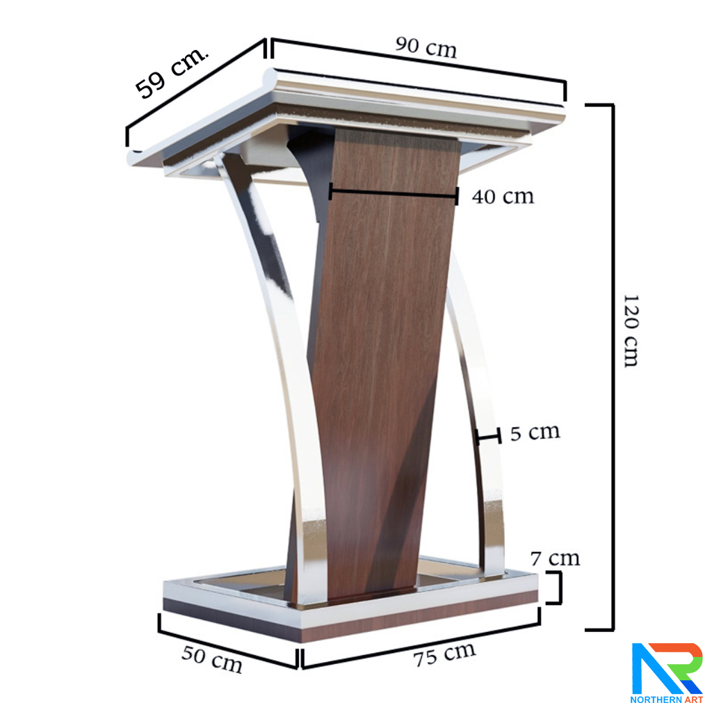 โพเดียมไม้ยืนคู่ Top หุ้มสแตนเลส สีโอ๊คน้ำตาล ขนาด (W) 90x (L) 59 x (H) 120 cm. พร้อมตกแต่งเสาโค้งสแตนเลสเกรด304