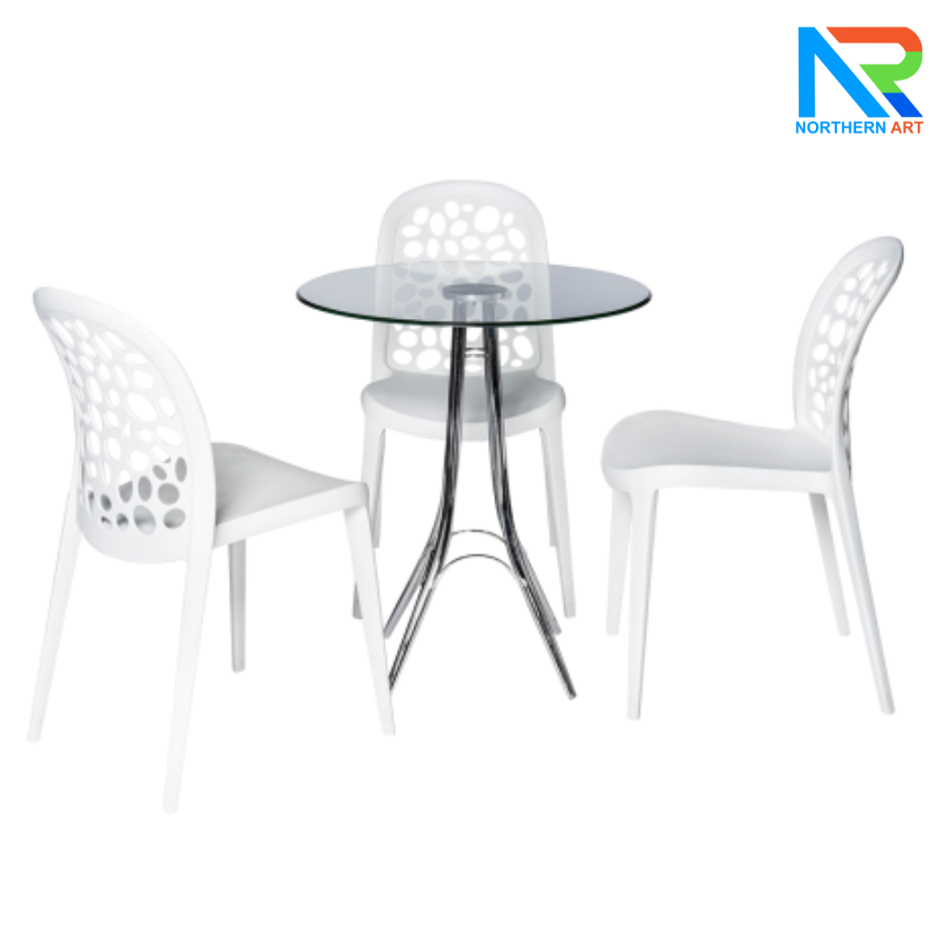 เช่าชุดโต๊ะบาร์ Top กระจกกลม ขาเหล็กชุบโครเมี่ยม พร้อมเก้าอี้ 3 ตัว (เก้าอี้มีหลายแบบให้เลือก)