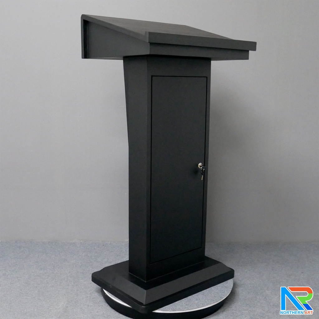 โพเดียมไม้ สีดำ ทรงโมเดิร์น TOP เอียง ขนาด (W)58 x (L)46 cm. สูง 114 cm. พร้อมตู้ใส่ของ มีกุญแจล็อค