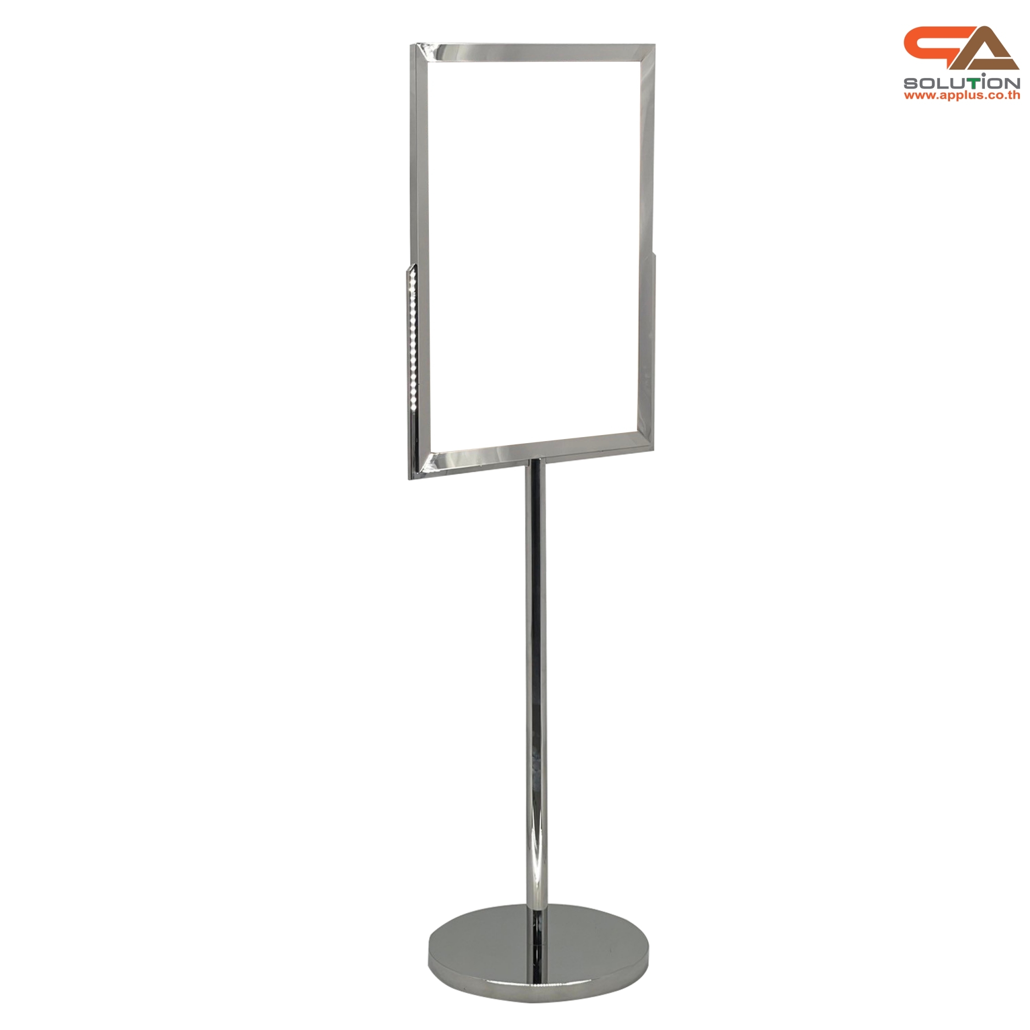 โปสเตอร์สแตนด์ สแตนเลส ฐานกลม เสาเดี่ยว ขนาด (W)50 x (L)70 x (H)160 cm.สแตนเลสเกรด304 พร้อมอะคริลิค หนา 2 มม. 2 แผ่น ประกบ สอดงานพิมพ์ด้านบน