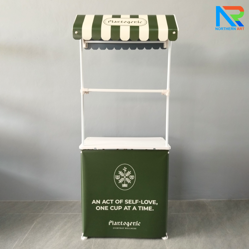 โต๊ะชงชิม บูธชงชิม รุ่นมีหลังคา ขนาด (W)78 x (D)40 x (H)185 cm.พร้อมชั้นวางของ หลังคา ถอดประกอบได้ พร้อมกระเป๋า 1 ใบ