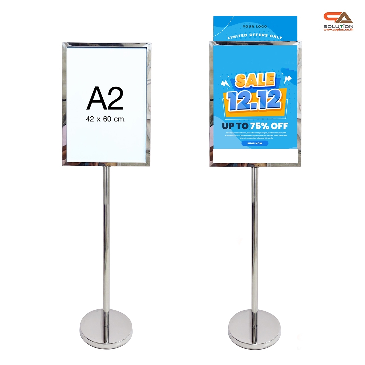 SALE! โปสเตอร์สแตนด์ สแตนเลส201 แนวตั้ง ขนาดA2 ฐานกลม โชว์ภาพ2ด้าน ถอดประกอบได้