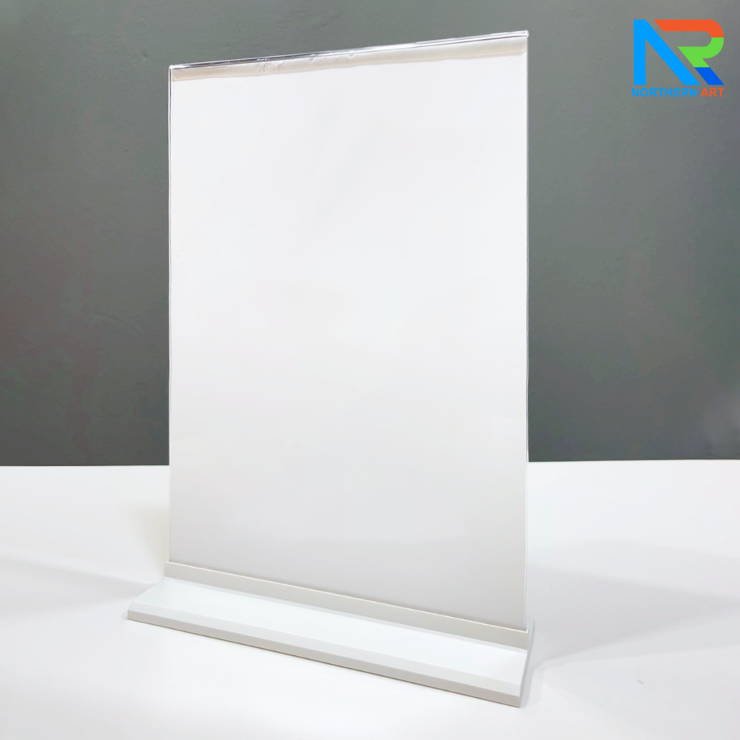 ป้ายตั้งโต๊ะ อะคริลิค ฐานพลาสติก สีขาว ขนาด A4 โชว์งานพิมพ์ได้ 2 หน้า ถอดประกอบได้