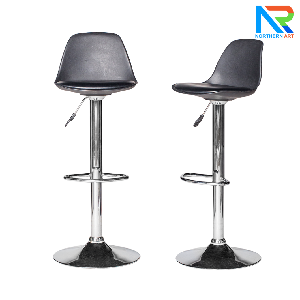 เช่าเก้าอี้สตูลบาร์ เบาะหนัง พนักพิงพลาสติกโพลีโพรพิลีน (PP) มีสีดำและสีขาว ขาเหล็กชุบโครเมียม ปรับระดับสูง-ต่ำได้