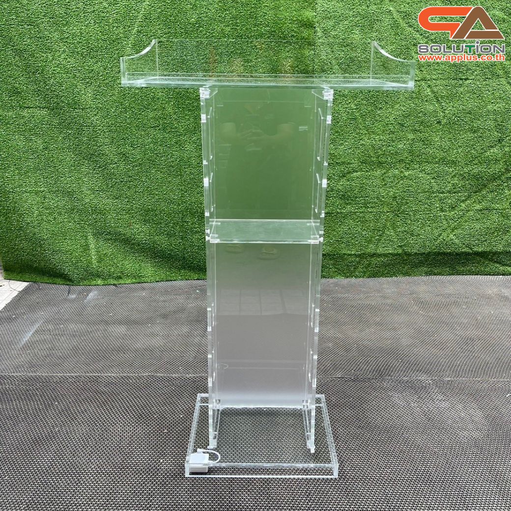 โพเดียมอะคริลิค เรืองแสงไฟ LED พร้อมรีโมทคอนโทรล รุ่น LED-03 ขนาด (W) 60 x (L) 40 x (H) 113 ซม.