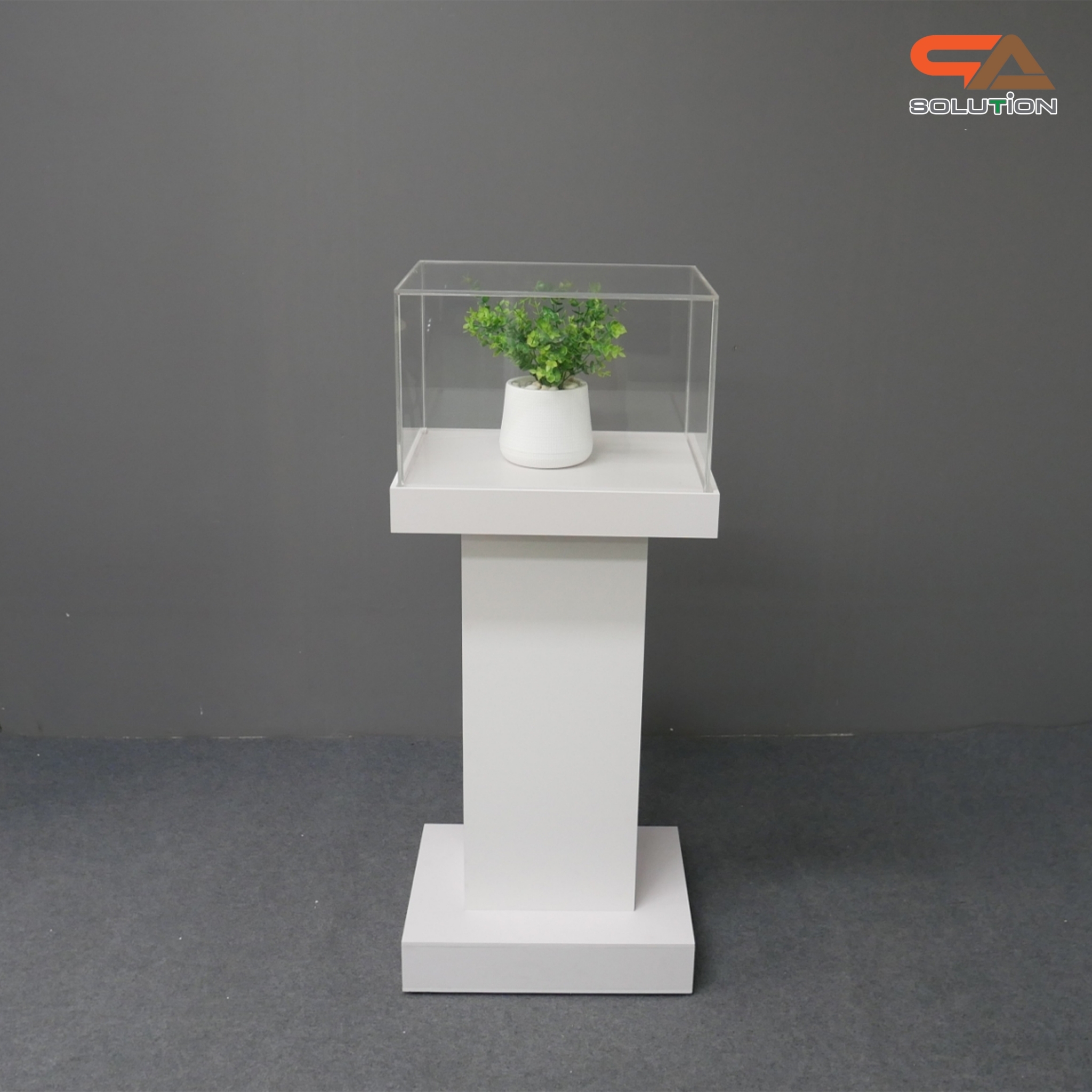 แท่นโชว์สินค้า ดีสเพลย์โชว์สินค้า สีขาว ขนาด (W)50 x (L)40 x (H)119 cm. ด้านบนครอบด้วยอะคริลิคใส4ด้าน