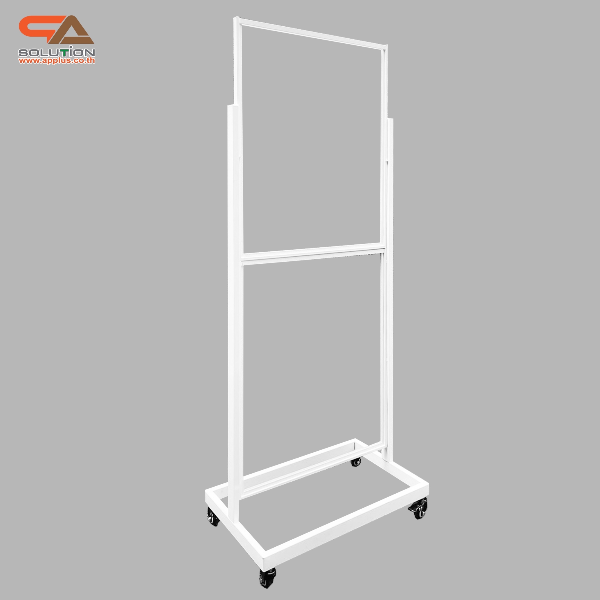 ป้ายตั้งพื้นเหล็ก กรอบคู่ สีขาว มีล้อ (W) 58 × (L) 73 x (H) 160 cm. สอดงานด้านบน โชว์ภาพ2ด้าน ถอดประกอบได้