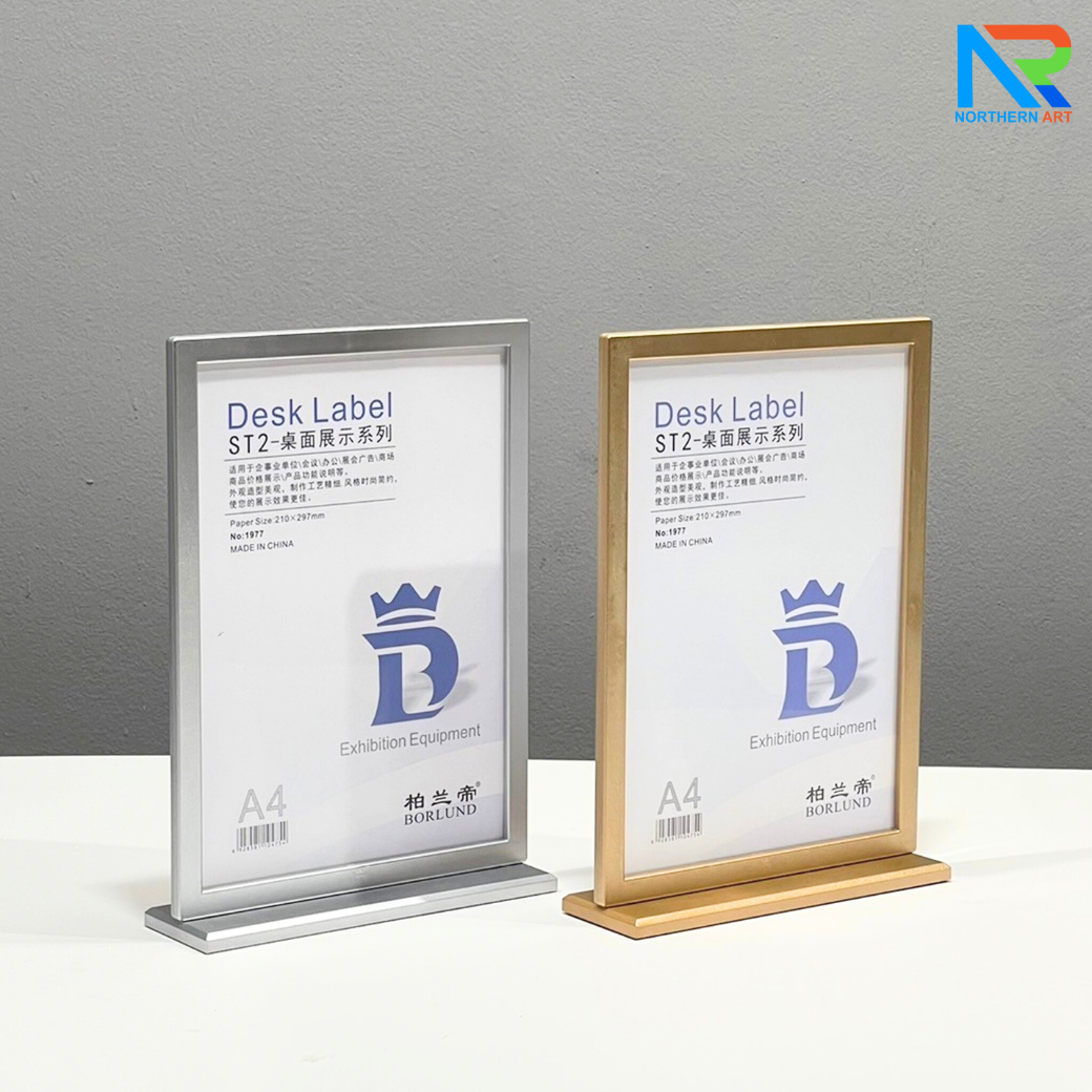 ป้ายตั้งโต๊ะ รุ่น F กรอบเฟรม สีทองและสีเงิน ขนาด A4 ฐานพลาสติก โชว์งานพิมพ์ได้ 2 หน้า ถอดประกอบได้
