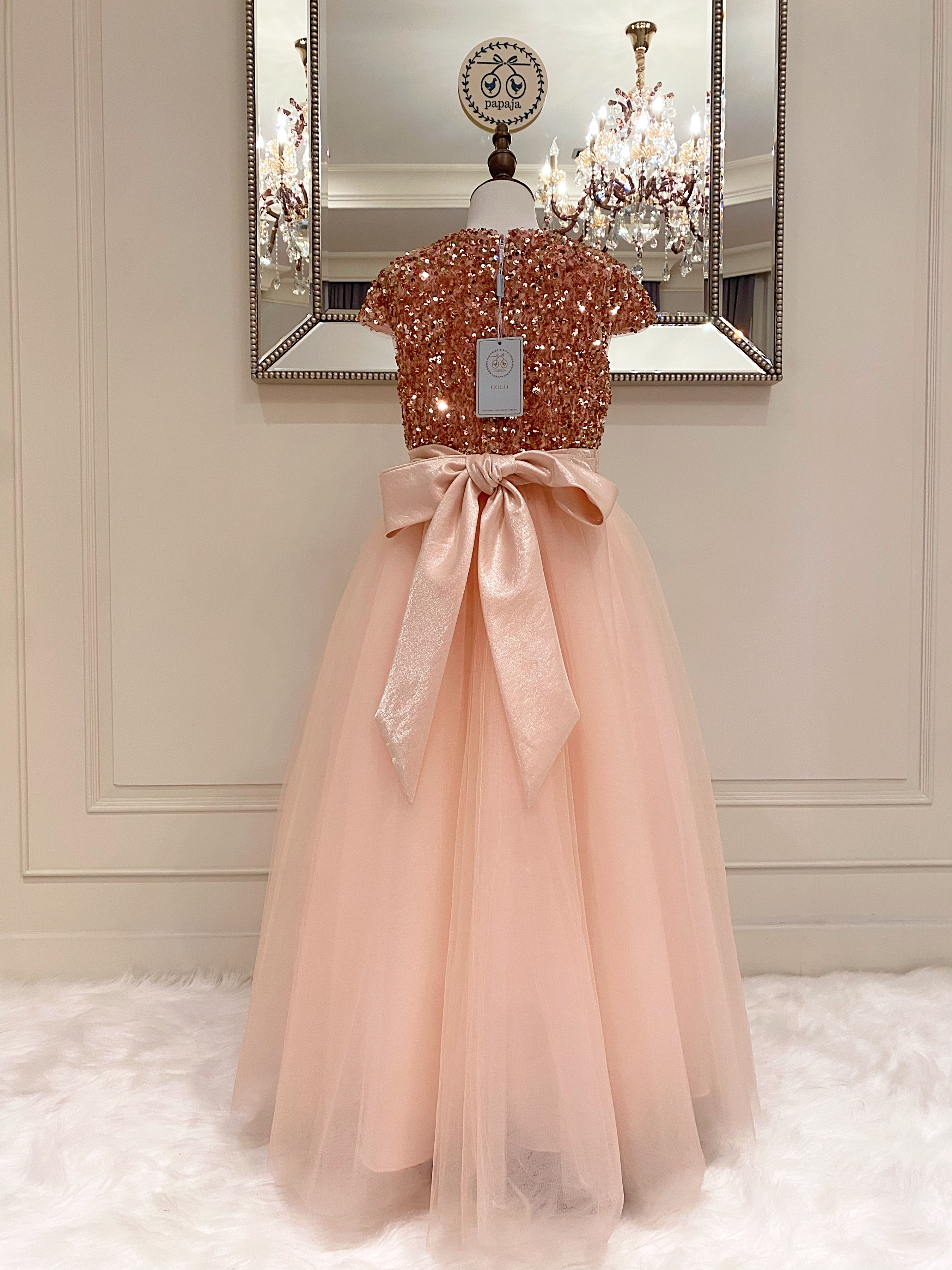 เดรสออกงานราตรียาวแขนล้ำ สีชมพูพีช (งานไฮพรีเมี่ยม) ด้านบนปักเลื่อม ช่วงกระโปรงผ้าโปร่งซอฟท์ๆ ละมุน