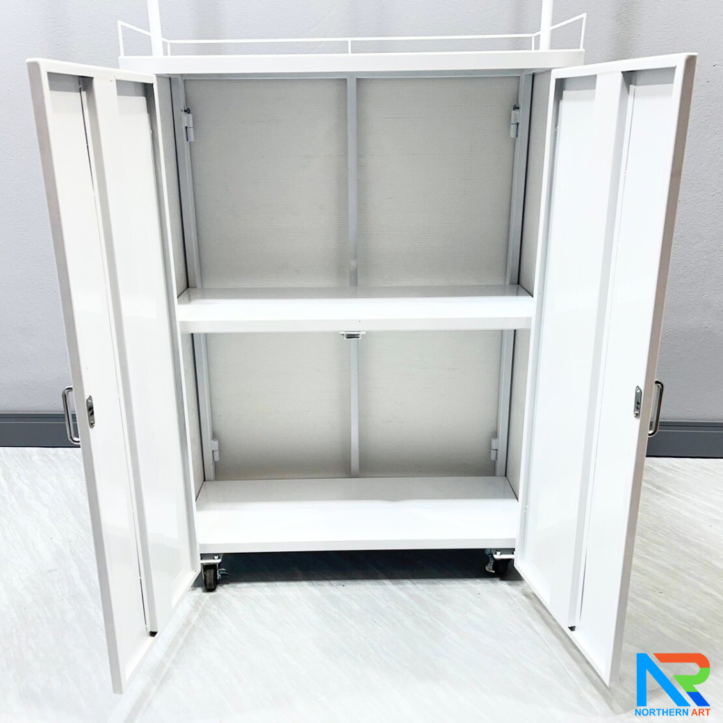 โต๊ะชงชิม บูธชงชิม รุ่นเหล็ก ขนาด (W) 67.5 x (D) 29 x (H) 180 cm. พร้อมตู้เก็บของ พับเก็บได้