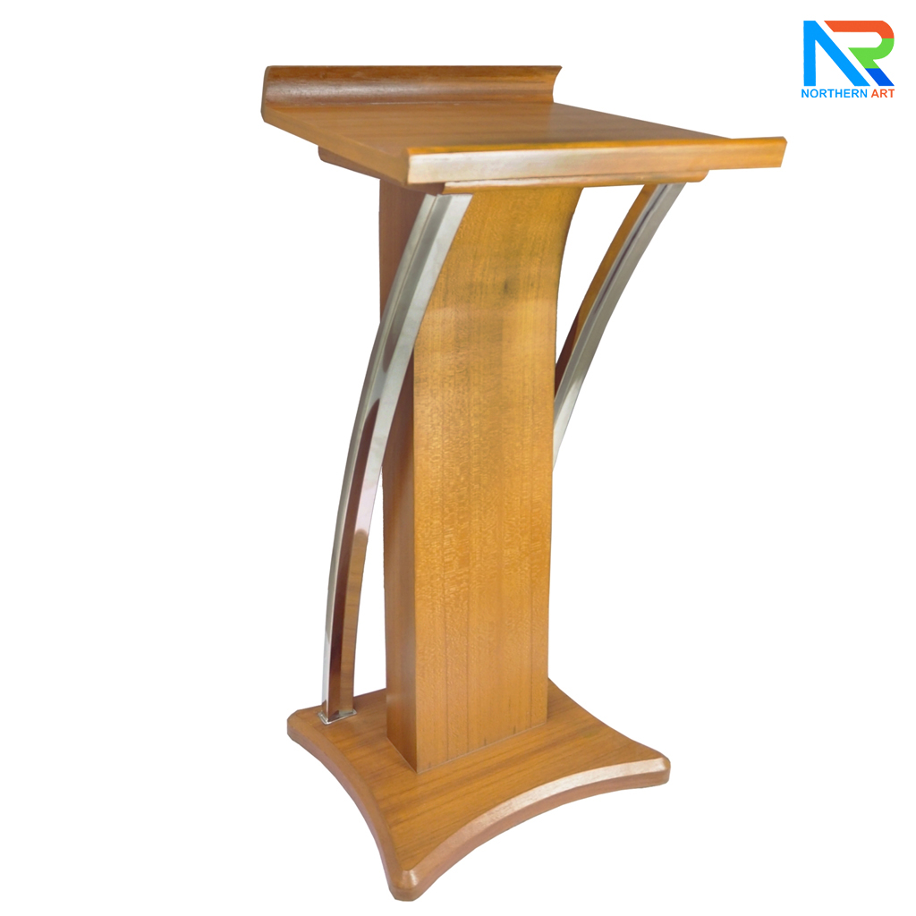 โพเดียมไม้ สีสัก ตกแต่งสแตนเลสเกรด304 ขนาด (W) 55 x (L) 50 x (H) 120 cm.