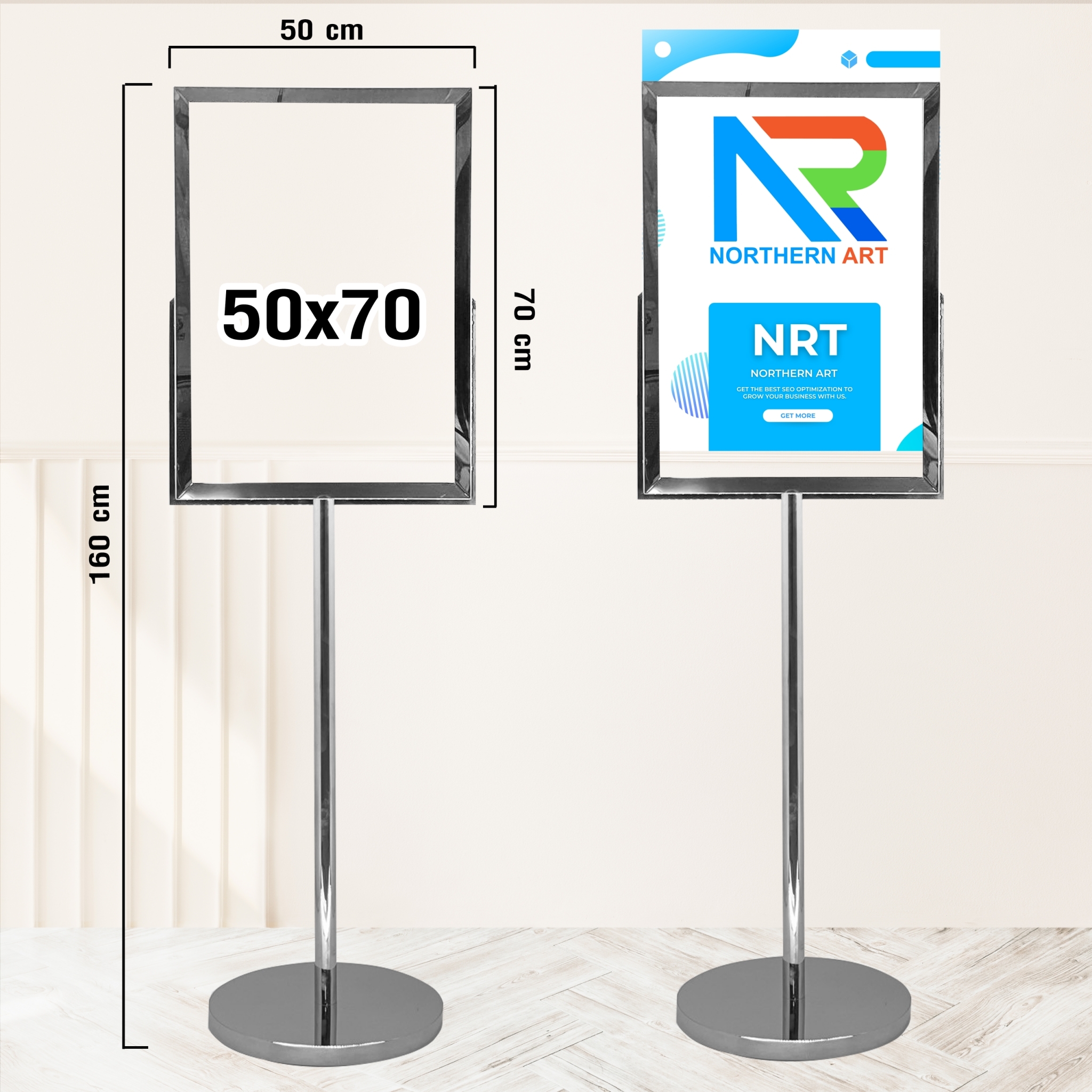 โปสเตอร์สแตนด์ สแตนเลส ฐานกลม เสาเดี่ยว ขนาด (W)50 x (L)70 x (H)160 cm.สแตนเลสเกรด304 พร้อมอะคริลิค หนา 2 มม. 2 แผ่น ประกบ สอดงานพิมพ์ด้านบน