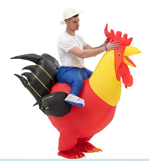 ชุดมาสคอตขี่ไก่เป่าลม ชุดแฟนซีไก่