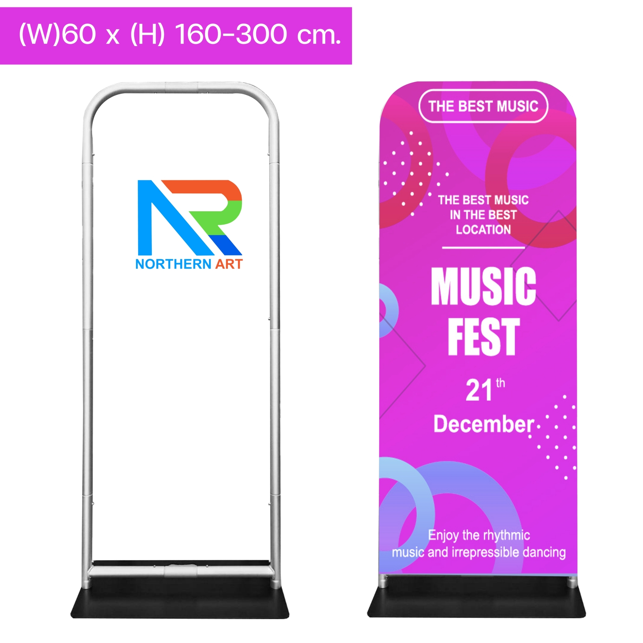 แบคดรอปผ้า รุ่นตรง ขนาด (W)60 x (H) 160-300 cm.โครงอะลูมิเนียม ฐานเหล็กสีดำ ถอดประกอบได้