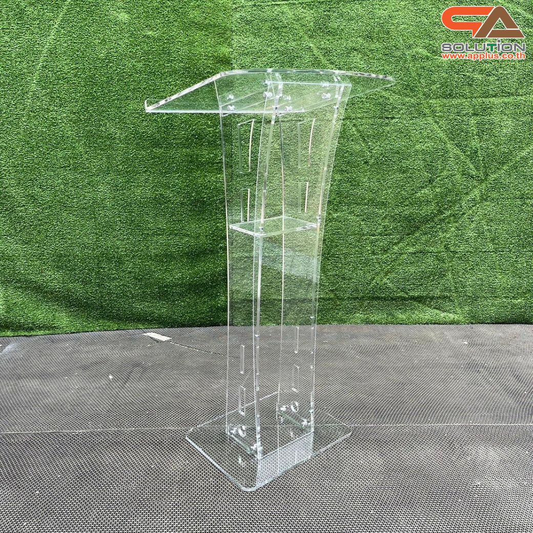 เช่าโพเดียมอะคริลิคใส TOPเอียง พร้อมกันตก ขนาด (W)60 x (L)45 x (H) 113 ซม. อะคริลิคใสหนา 10 มม.