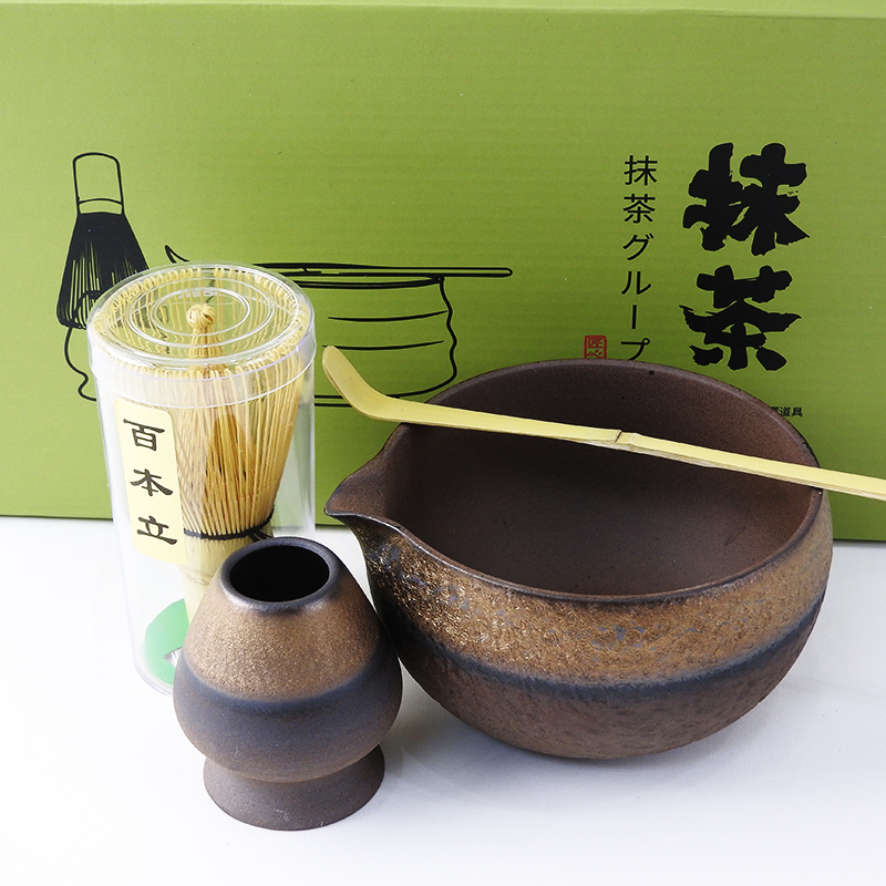 Japanese green tea (matcha) making set, mixing bowl with pouring spout, Copper