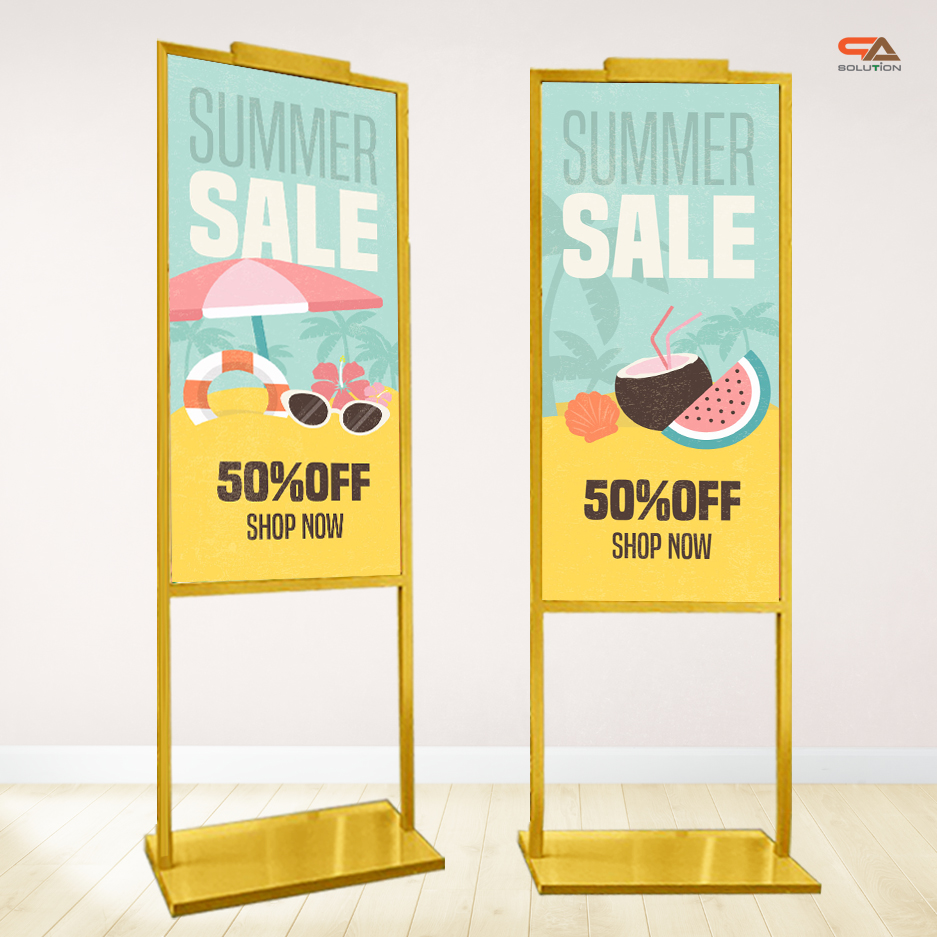 ป้ายตั้งพื้นเหล็ก สีทอง ขนาด (W)44 x (H)135 cm. เสาคู่ ฐานเหล็ก สีทอง โชว์งานพิมพ์ 2 ด้าน ใส่โลโก้ได้ ถอดประกอบได้