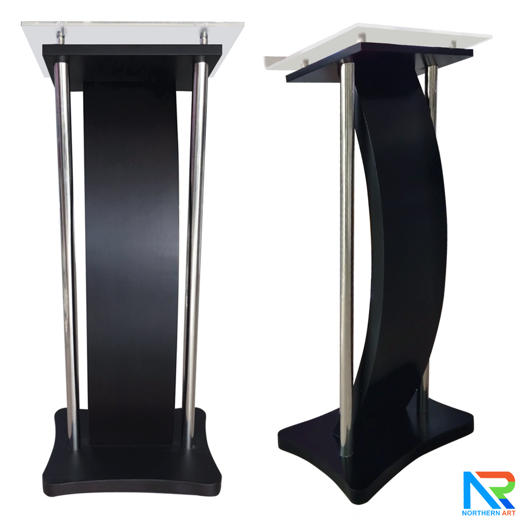 โพเดียมไม้ สีดำ ขนาด (W) 50 x (L) 40 x (H) 120 cm. พร้อมเสาสแตนเลสคู่ TOP เอียง อะคริลิคใส ติดหมุด