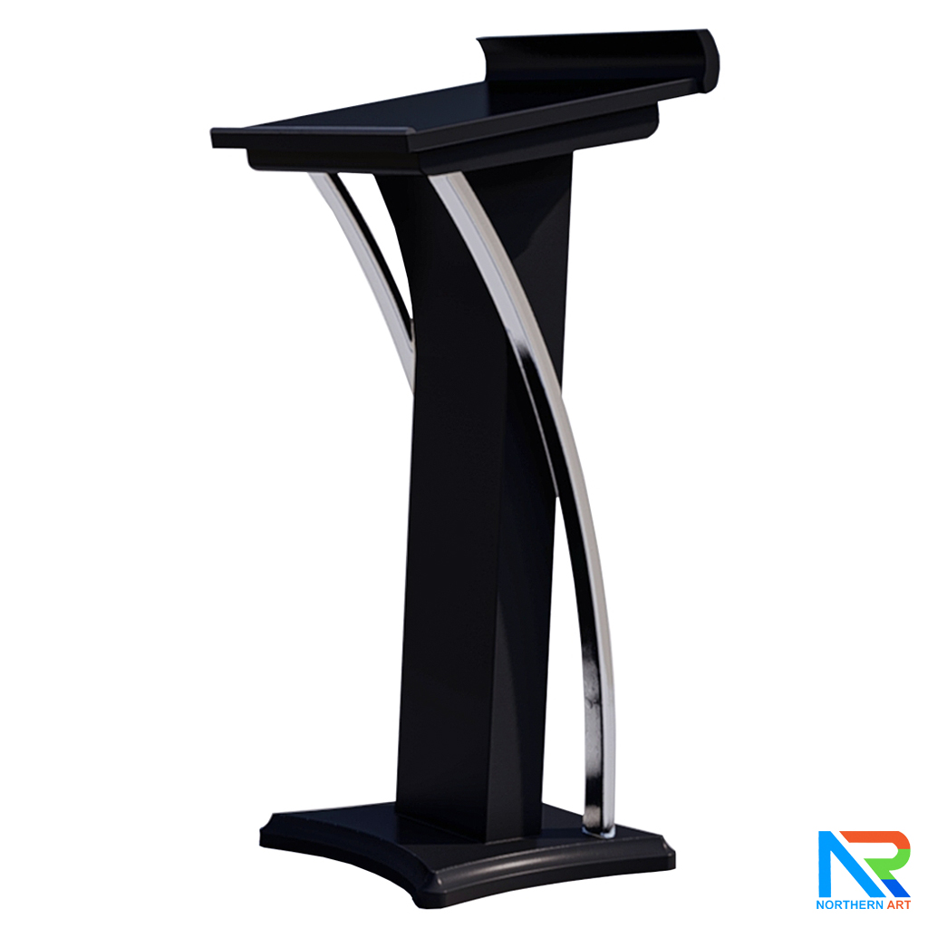 โพเดียมไม้ สีดำ ตกแต่งสแตนเลสเกรด304 ขนาด (W) 55 x (L) 50 x (H) 120 cm.