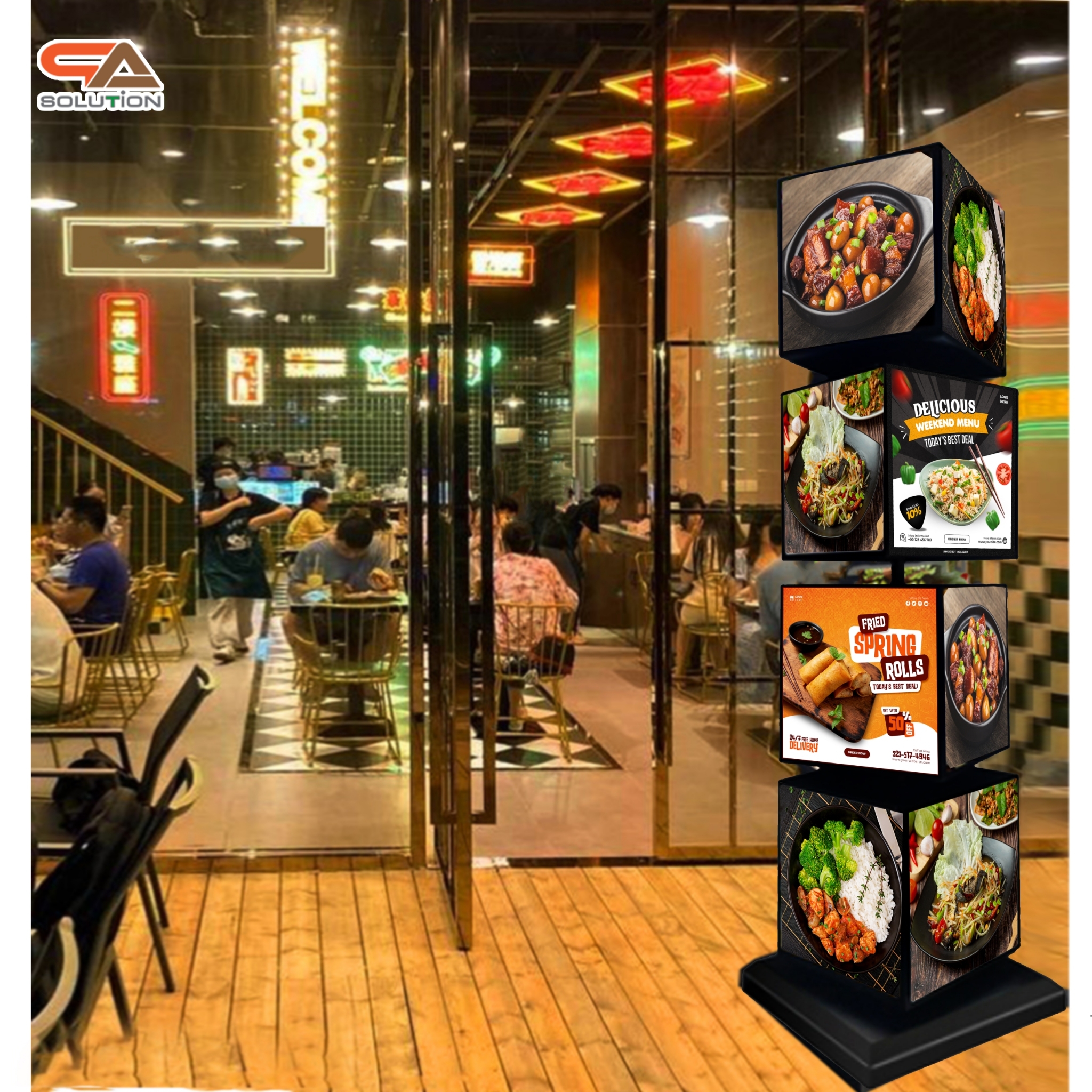 เช่าตู้ไฟLEDตั้งพื้น หมุนได้360องศา ทรงลูกเต๋า 4 ชั้น ขนาด (W)30 x (D)30 x (H)150 ซม. โชว์งานพิมพ์ 4 ด้าน ไว้ภายนอกอาคารได้