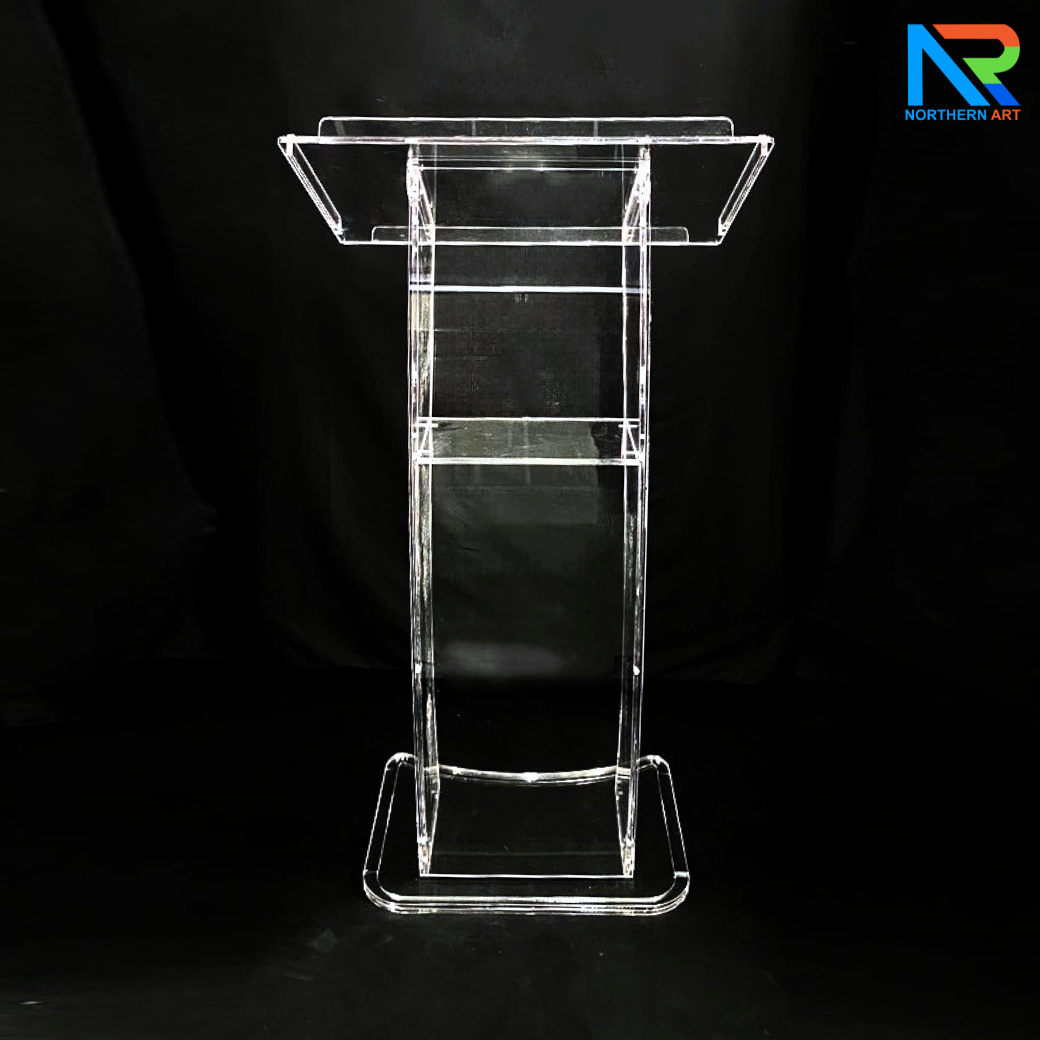 โพเดียม อะคริลิคใส ขนาด(W)60 x (L)45 x (H)108 cm. TOP เอียงพร้อมกันตก 4 ด้าน วัสดุอะคริลิคใส หนา 10 มม.