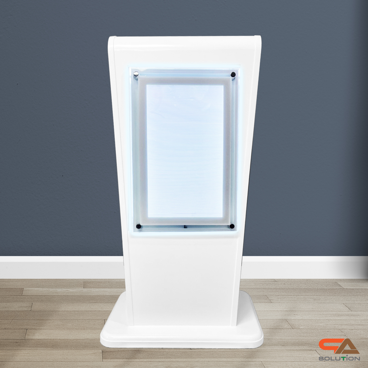 โพเดียมไม้ LED สีขาว ขนาด (W)55 x (L)45 x (H)112 cm. พร้อม LED CRYSTAL FRAME ด้านหน้า