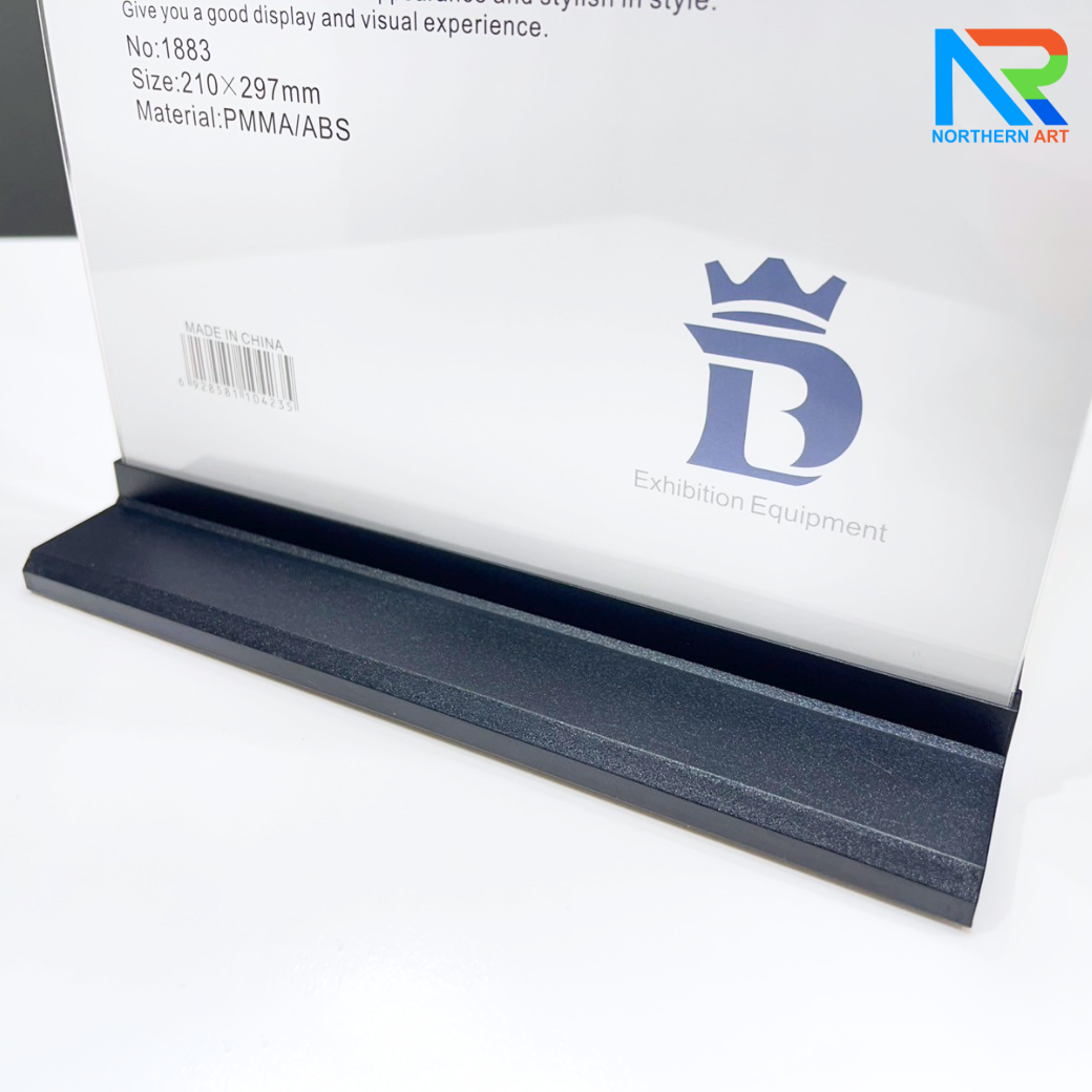 ป้ายตั้งโต๊ะ อะคริลิค ฐานพลาสติก สีดำ ขนาด A4 โชว์งานพิมพ์ได้ 2 หน้า ถอดประกอบได้