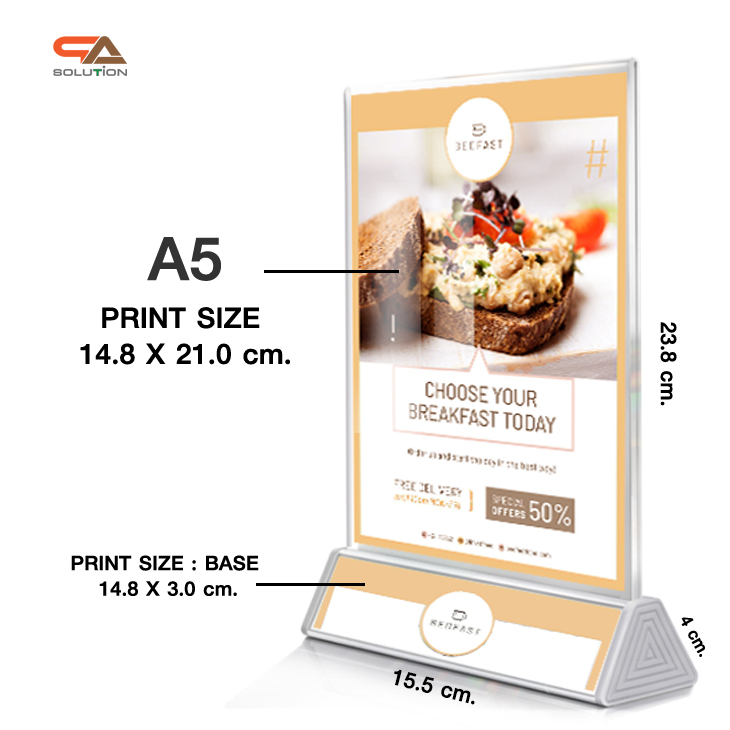 ป้ายตั้งโต๊ะ รุ่นT1 ขนาด A5และA4 ฐานสามเหลี่ยม อะลูมิเนียมสีบรอนซ์ อะคริลิคใสสำหรับสอดงานพิมพ์ ถอดประกอบได้