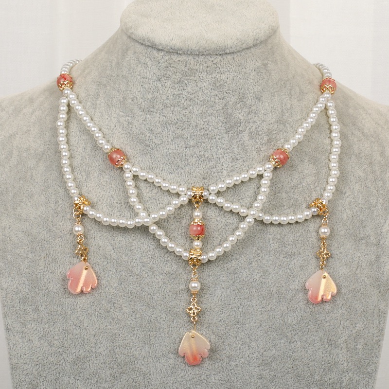 (No. 134) เซตสร้อยคอไข่มุกพร้อมต่างหูแบบจีนโบราณ ร้อยลูกปัดชมพูม่วงไข่มุกเรียงระย้า