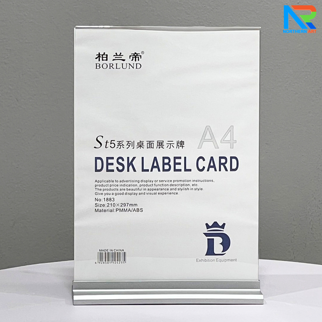 ป้ายตั้งโต๊ะ อะคริลิค ฐานพลาสติก สีเงิน ขนาด A4 โชว์งานพิมพ์ได้ 2 หน้า ถอดประกอบได้