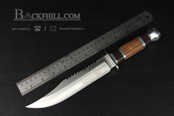มีดใบตาย COLUMBIA รุ่น HK311A ใบมีดทรงโบวี่ ด้ามจับไม้คลาสสิค ท้าย Stainless Steel พร้อมซองไนลอน