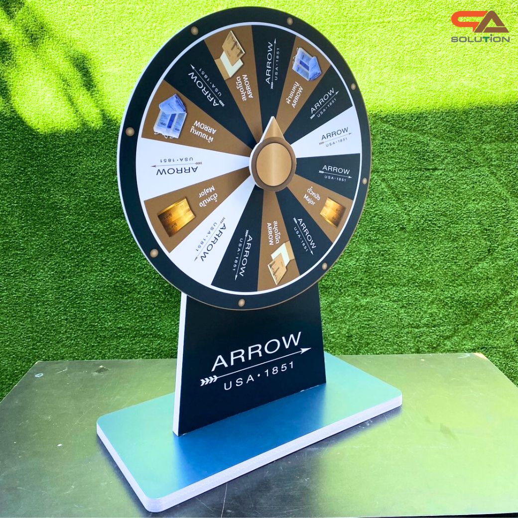 เกมส์วงล้อตั้งโต๊ะ ขนาดวงล้อ 40 ซม. สูง 56 ซม. วัสดุพลาสวูดสีขาว หนา 8-15 มม. ถอดประกอบได้