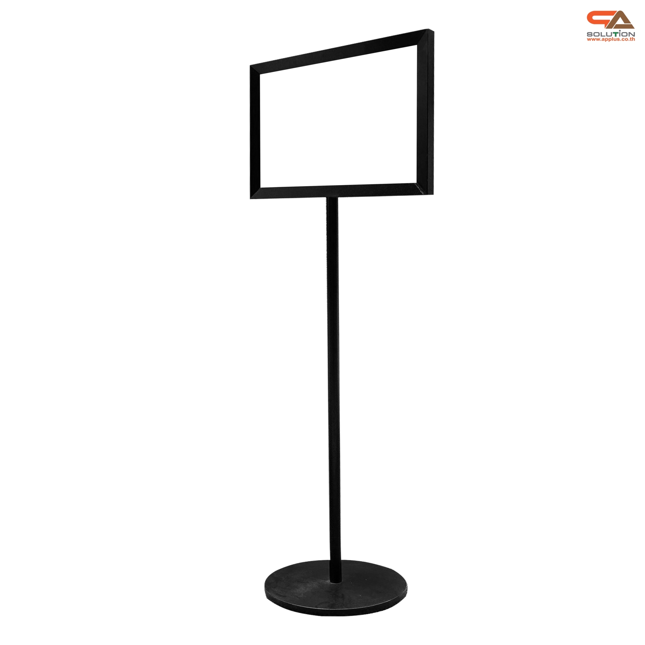 โปสเตอร์สแตนด์เหล็ก สีดำ ขนาด A3 แนวนอน ฐานกลม เสาเดี่ยว พร้อมแผ่นอะคริลิคประกบ สอดงานพิมพ์ด้านบน โชว์ภาพ2ด้าน
