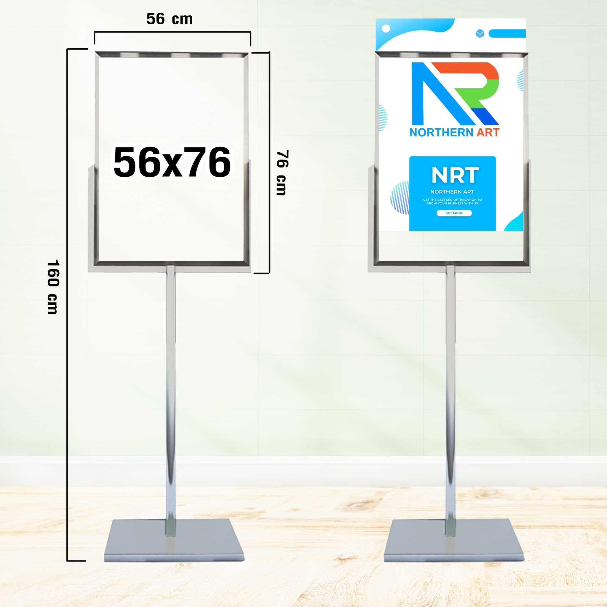 โปสเตอร์สแตนด์ สแตนเลสเกรด304 ขนาด56x76 ซม. เสาเดี่ยว ฐานเหลี่ยม โชว์งานพิมพ์ 2 ด้าน พร้อมอะคริลิคใส 2 มม. 2แผ่น สอดงานพิมพ์ด้านบน