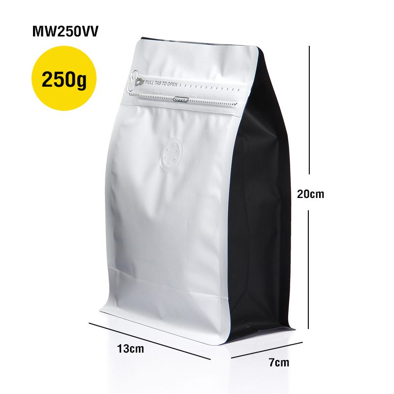 Zip lock coffee bag, 250g, white bag on the black side, with valve, expandable side (50 bags per pack)