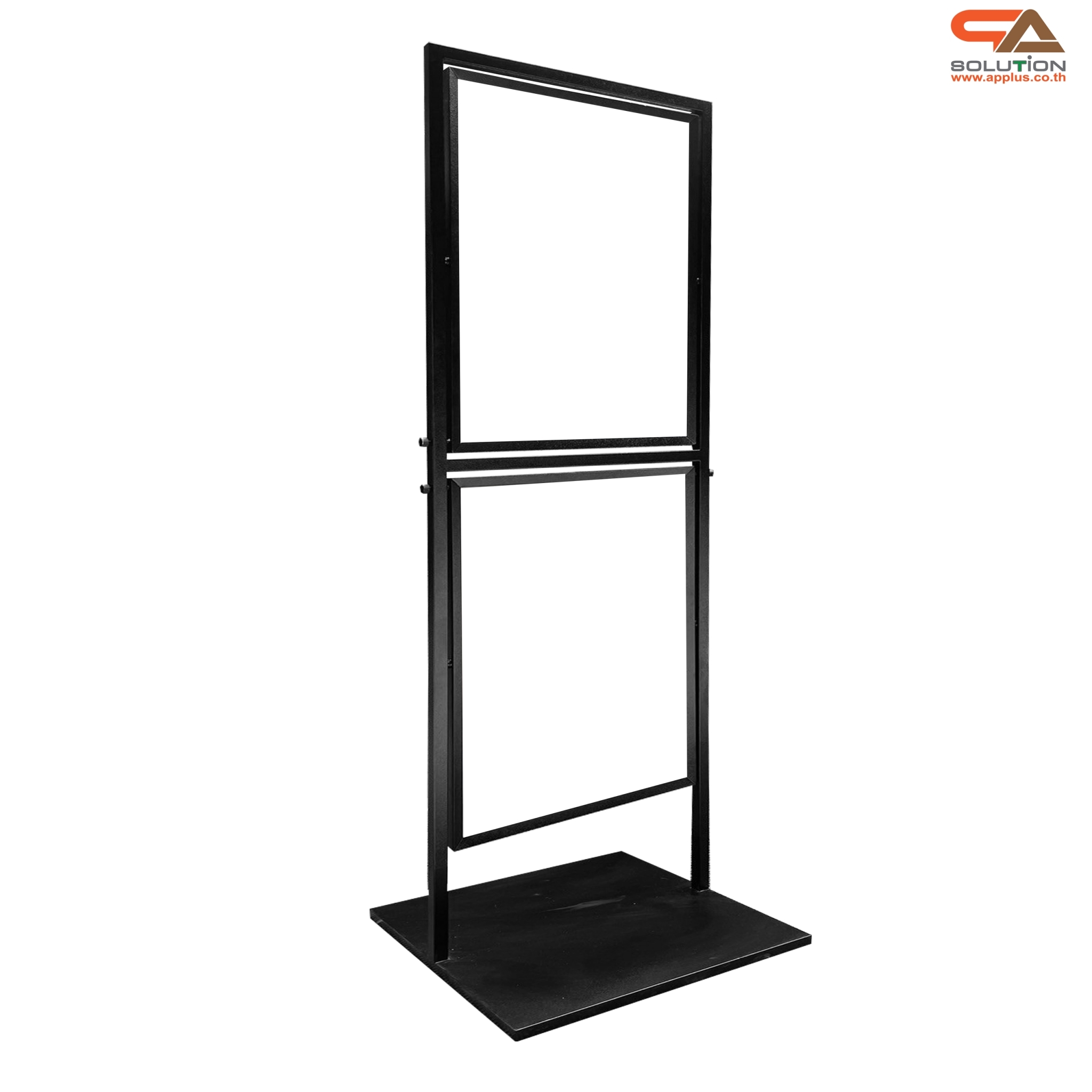 ป้ายตั้งพื้นเหล็ก สีดำ รุ่น 2 เฟรม หมุนได้ 360 องศา ขนาด 50×70 ซม. พร้อมอะคริลิคใสหนา 2 มม. 2 แผ่น สอดงานพิมพ์ทางด้านบน โชว์ภาพ 2 ด้าน