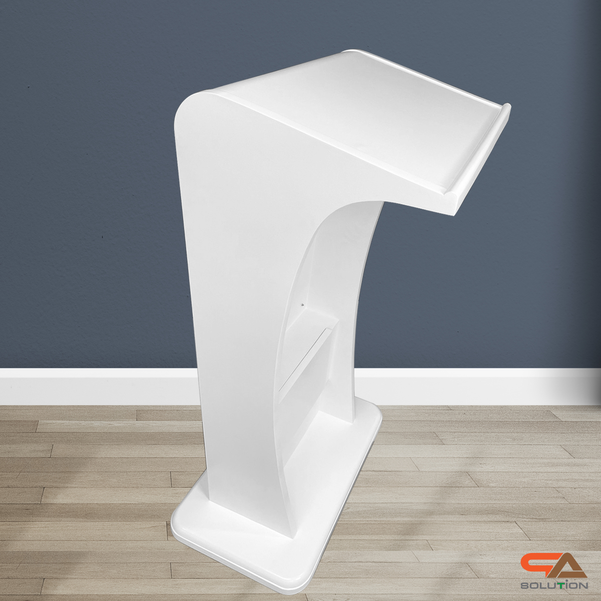 โพเดียมไม้ LED สีขาว ขนาด (W)55 x (L)45 x (H)112 cm. พร้อม LED CRYSTAL FRAME ด้านหน้า