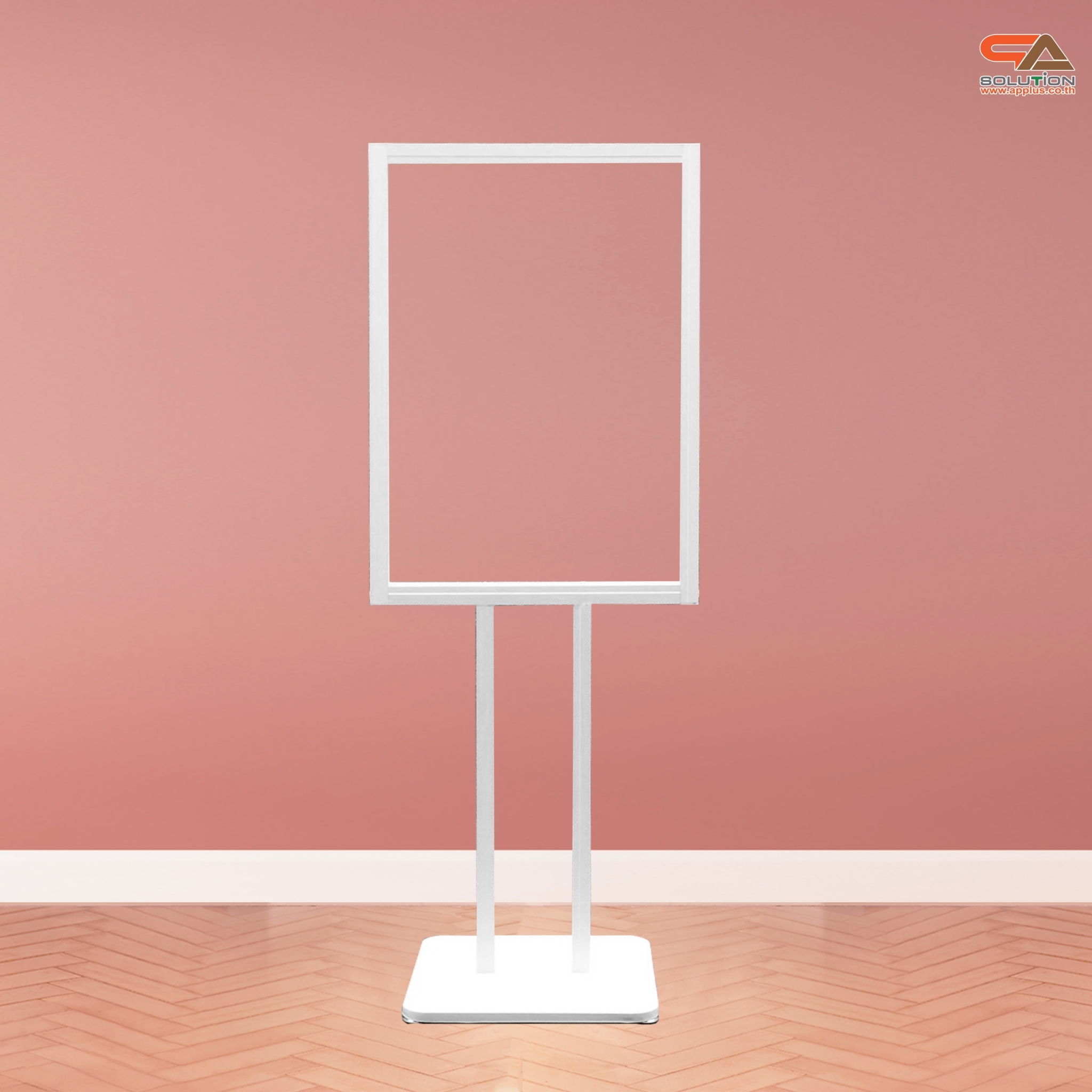 โปสเตอร์สแตนด์ อะลูมิเนียม สีขาว เสาคู่ ขนาด (W)60 x (L)44 x (H)153 cm. ฐานเหล็กสี่เหลี่ยม โชว์งานพิมพ์ 2 ด้าน ถอดประกอบได้