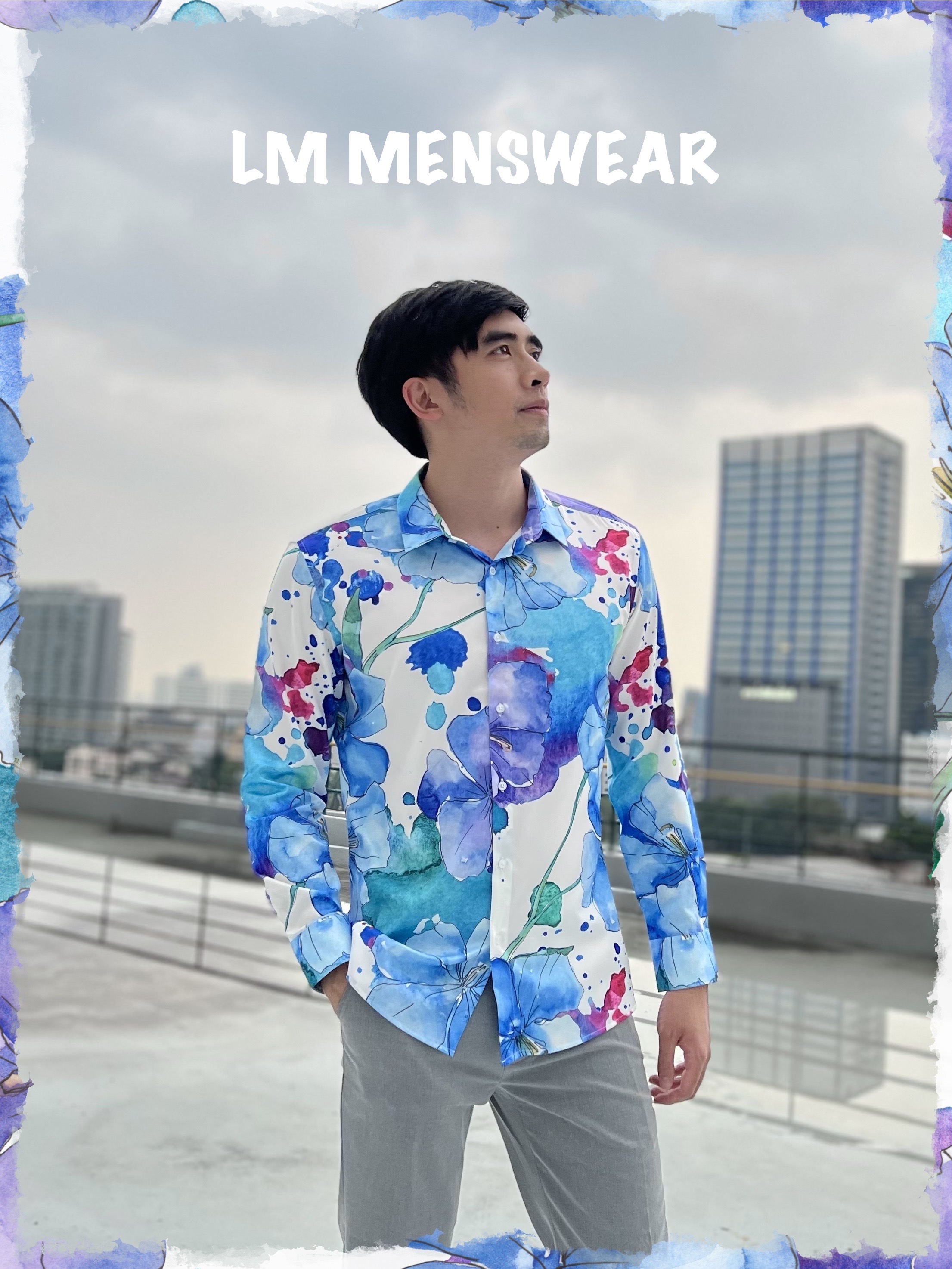 Blue Purple เสื้อเชิ้ตลายแพทเทิร์น ลายฟ้าม่วง