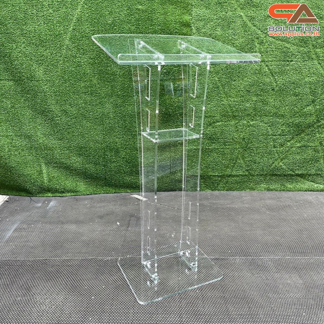 เช่าโพเดียมอะคริลิคใส TOPเอียง พร้อมกันตก ขนาด (W)60 x (L)45 x (H) 113 ซม. อะคริลิคใสหนา 10 มม.