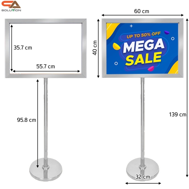 เช่าโปสเตอร์สแตนด์ สแตนเลส ขนาด A2 ฐานกลม โชว์ภาพ2ด้าน สอดงานพิมพ์ด้านบน