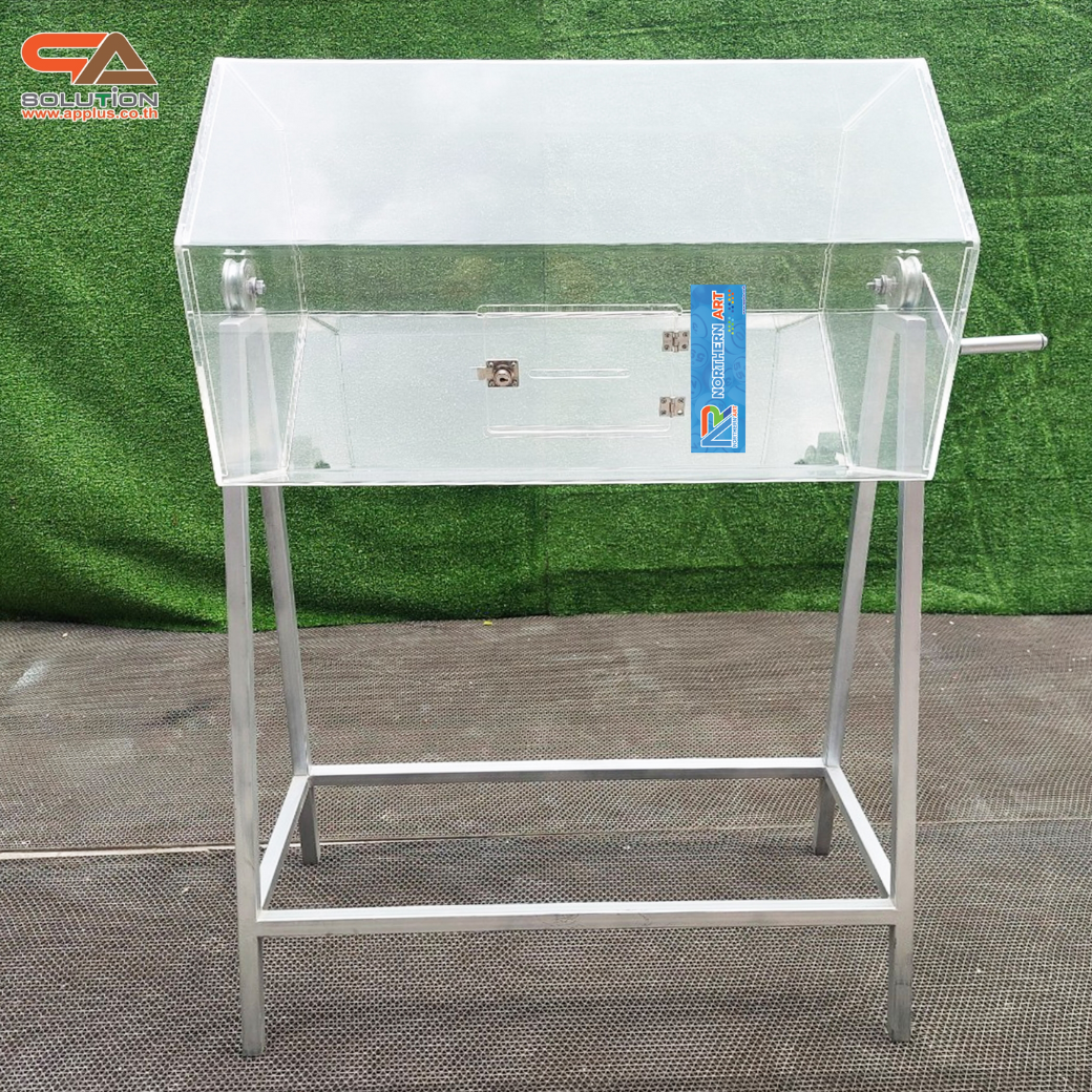 เช่ากล่องอะคริลิคจับรางวัล ตั้งพื้น หมุนได้360 องศา ขนาดกล่อง (W)80 x (D)58 x (H)132.5 cm. ฝาเปิดพร้อมกุญแจล็อค