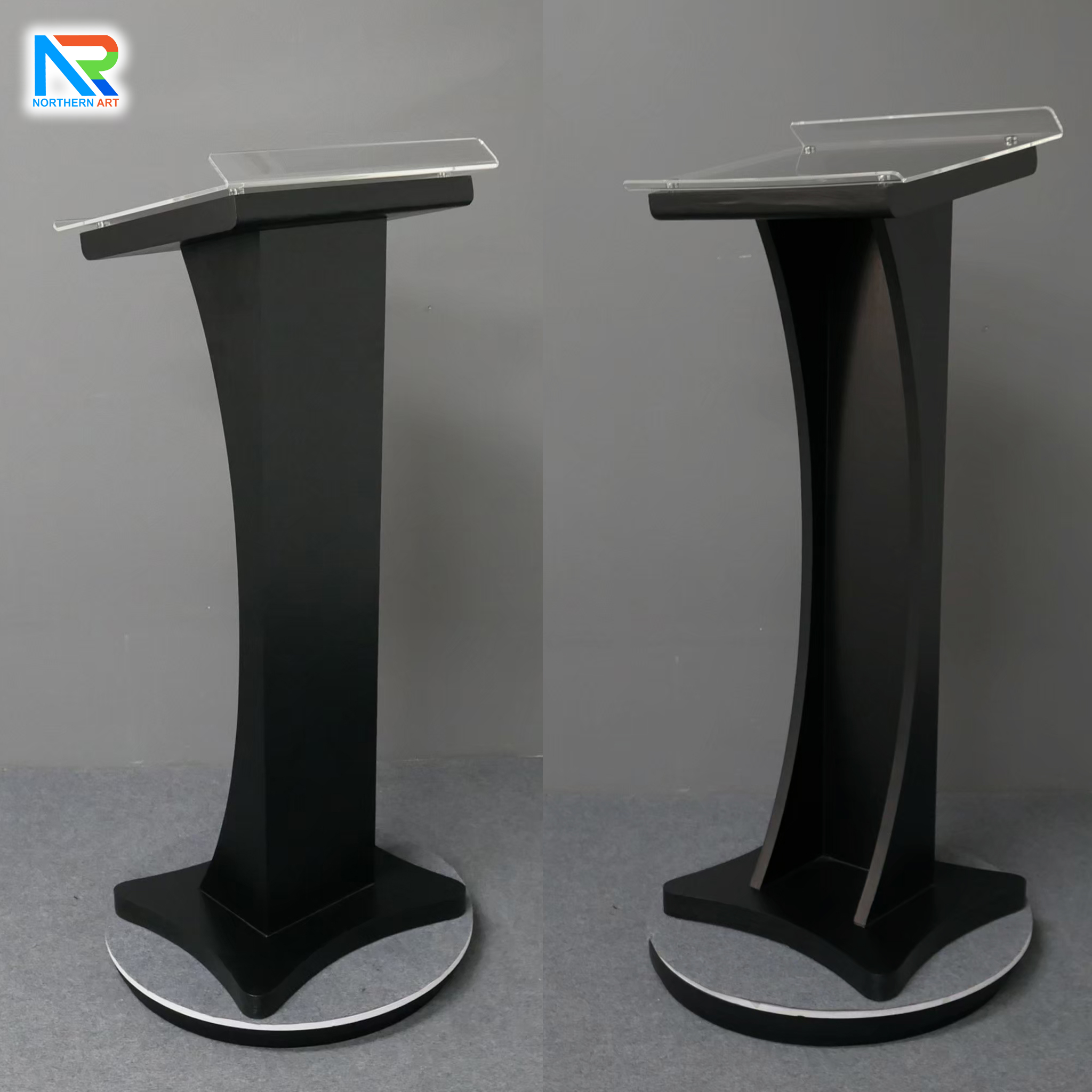 โพเดียมไม้ สีดำ ขนาด (W) 48 x (L) 40 x (H) 120 cm. Top อะคริลิคใสหนา 5 มม.พร้อมหมุดสแตนเลส