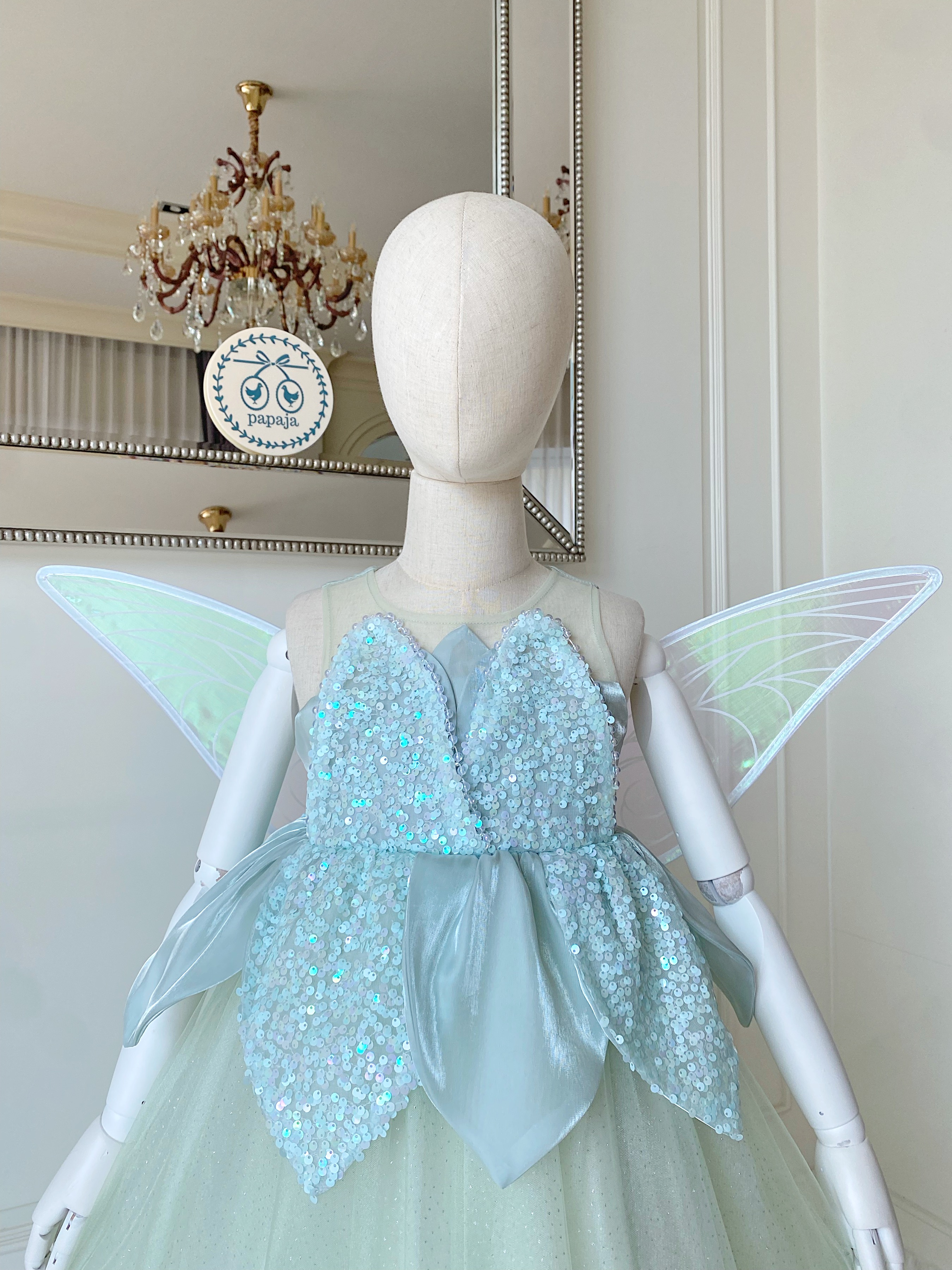 ชุดเจ้าหญิงทิงเกอร์เบลสีเขียวพร้อมปีกสีขาว รุ่นไฮพรีเมี่ยม งานสวยอลัง ปักเลื่อมทั้งชุด