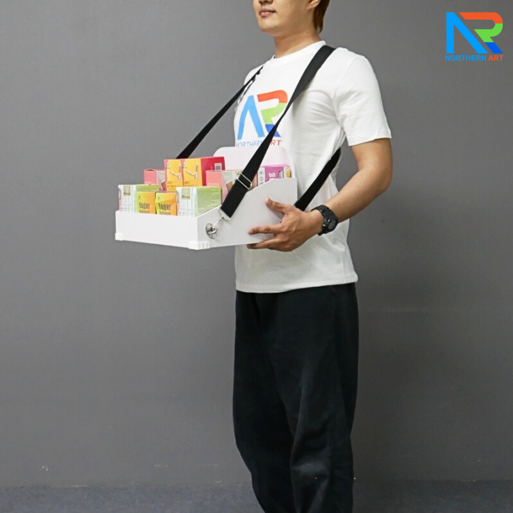 SAMPLING MOBILE TRAY ถาดแจกเคลื่อนที่ ขนาด (W)35 x (D)25 x (H)20 cm. วัสดุโครงพลาสวูดพร้อมสายคล้อง