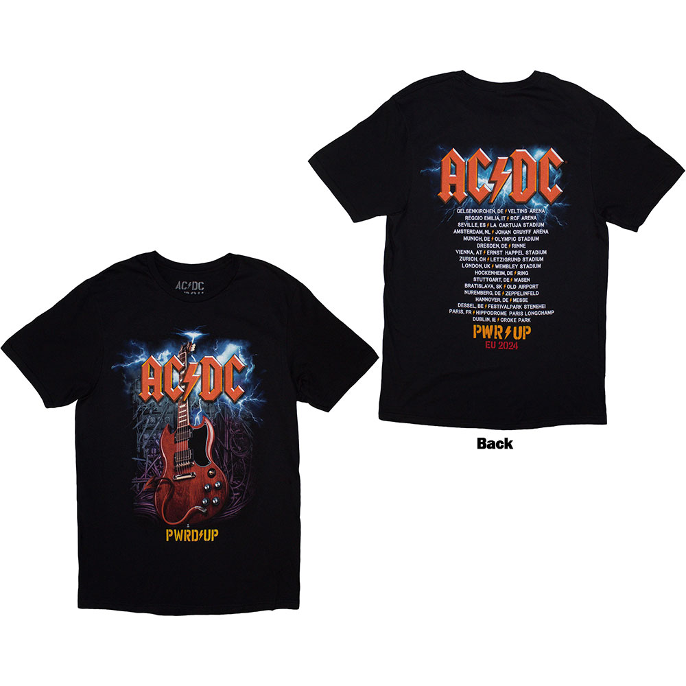 AC/DC Unisex T-Shirt: Guitar PWR-UP EU Tour '24 (Back Print & Ex-Tour) BLACK