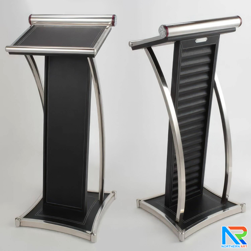 PODIUM โพเดียมไม้MDF หุ้มหนังสีดำ ตกแต่งโค้งสแตนเลส ด้านข้าง Top และฐานหุ้มสแตนเลส