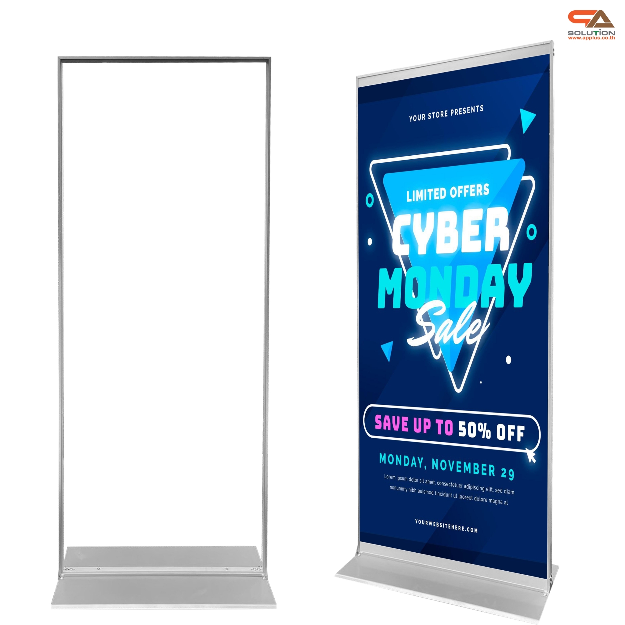 ป้ายตั้งพื้น รุ่นLUXURY ขนาด 80x200 ซม. โครงอะลูมิเนียม ฐานเหล็กหนา โชว์งานพิมพ์ 2 ด้าน ถอดประกอบได้